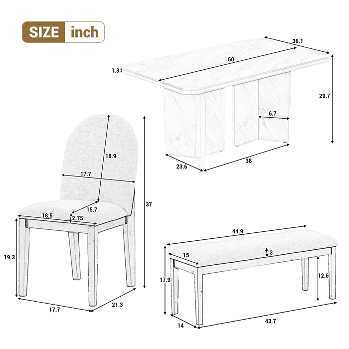 6-PieceModern Style Dining Set with Faux Marble Table and 4 Upholstered Dining Chairs & 1 Bench (White)