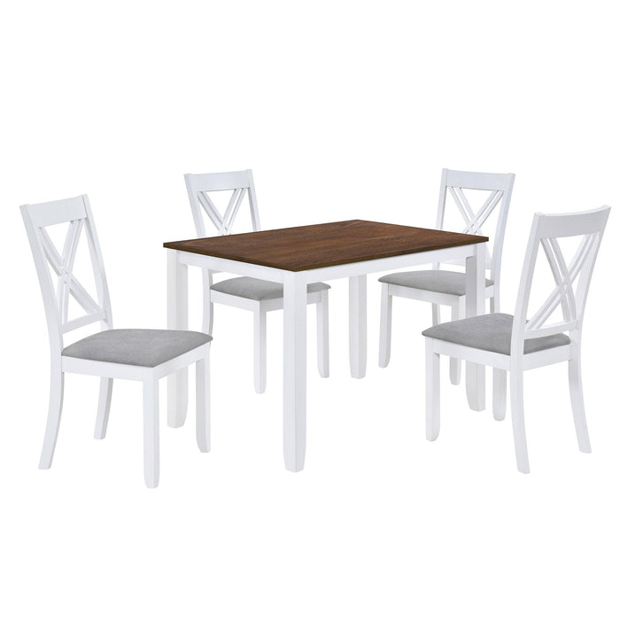 Rustic Minimalist Wood 5-Piece Dining Table Set with 4 X-Back Chairs for Small Places, White