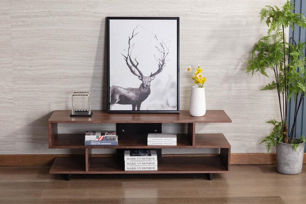 Iris Brown Walnut Finish TV Stand with 2 Levels of Shelves and Black Legs