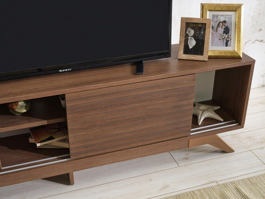 Luxia Mid CenturyModern Tv Stand 2 Sliding Door Cabinet 2 Shelves 67 inch Tv Unit, Walnut