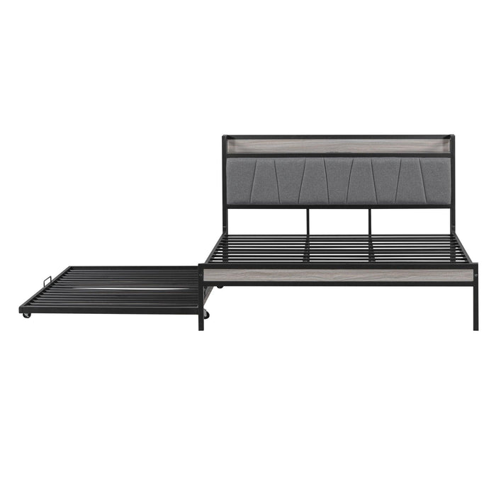 Queen Size Metal Platform Bed Frame with Twin size trundle, Upholstered headboard ，Sockets, USB Ports and Slat Support ,No Box Spring Needed，Black