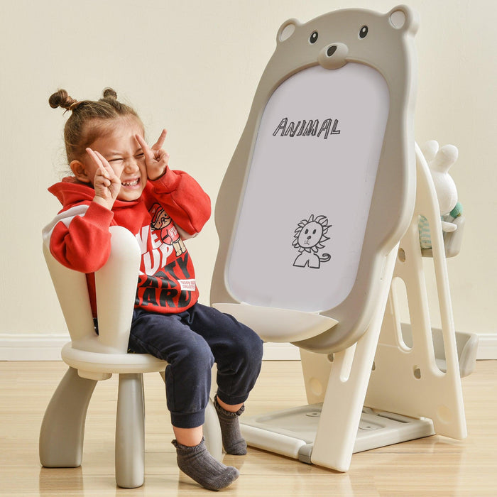 Folding Kids Art Easel with Stool and Adjustable Whiteboard, Standing Foldable Easel-Dry Erase Board with Book Shelf and Toddler Chair for Girls and Boys