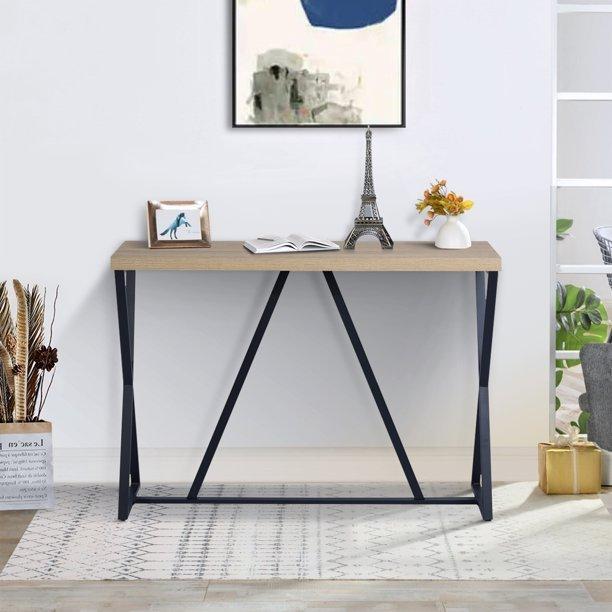 47.2'' Sofa Table; Wood Rectangle Console Table with Metal Frame - Oak & Black