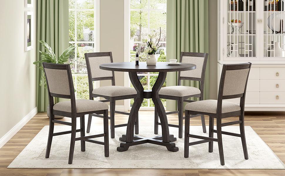 Farmhouse 5-Piece Round Dining Table Set with Trestle Legs and 4 Upholstered Dining Chairs for Small Place, Gray