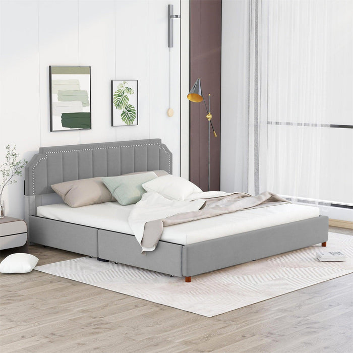 King Size Upholstery Platform Bed with FourStorage Drawers,Support Legs,Grey