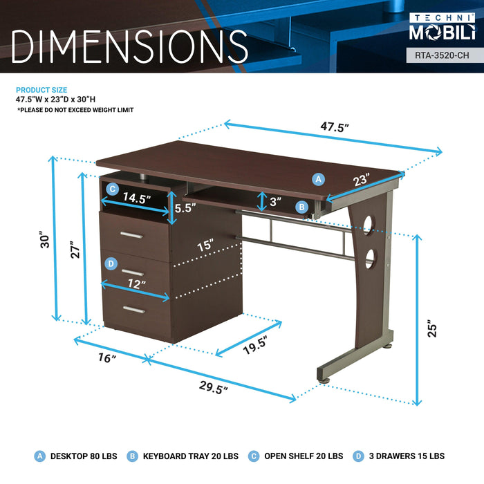 Techni Mobili Computer Desk with AmpleStorage, Chocolate