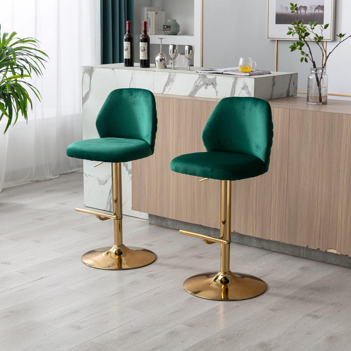 Swivel Bar Stools Chair Set of 2Modern Adjustable Counter Height Bar Stools, Velvet Upholstered Stool with Tufted High Back & Ring Pull for Kitchen , Chrome Golden Base, Green