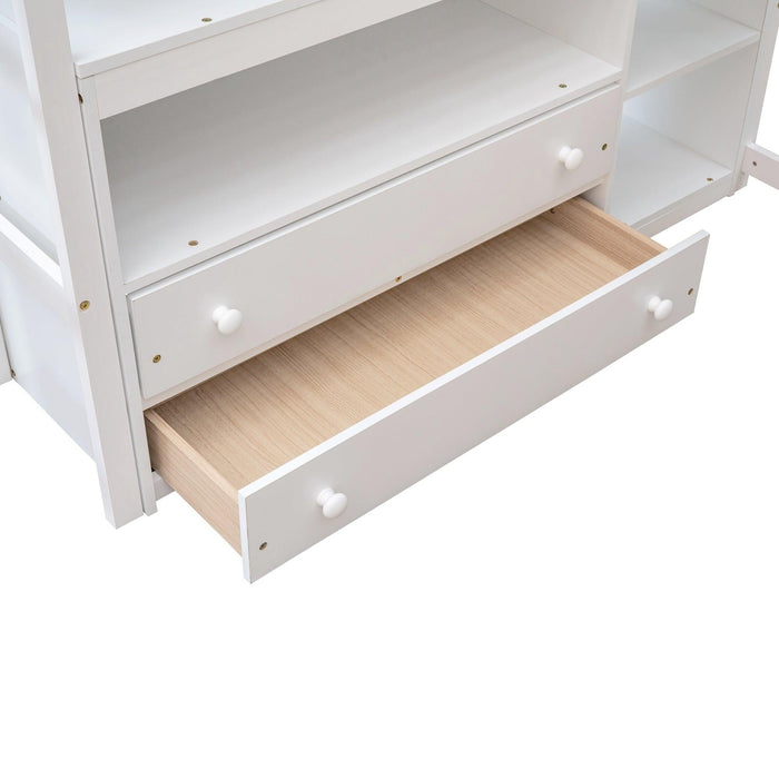 Full Size Loft Bed with Desk and Shelves,Two Built-in Drawers,White