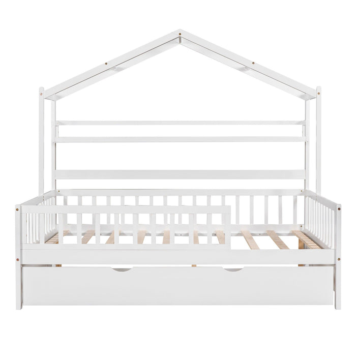 Wooden Full Size House Bed with Twin Size Trundle,Kids Bed with Shelf, White