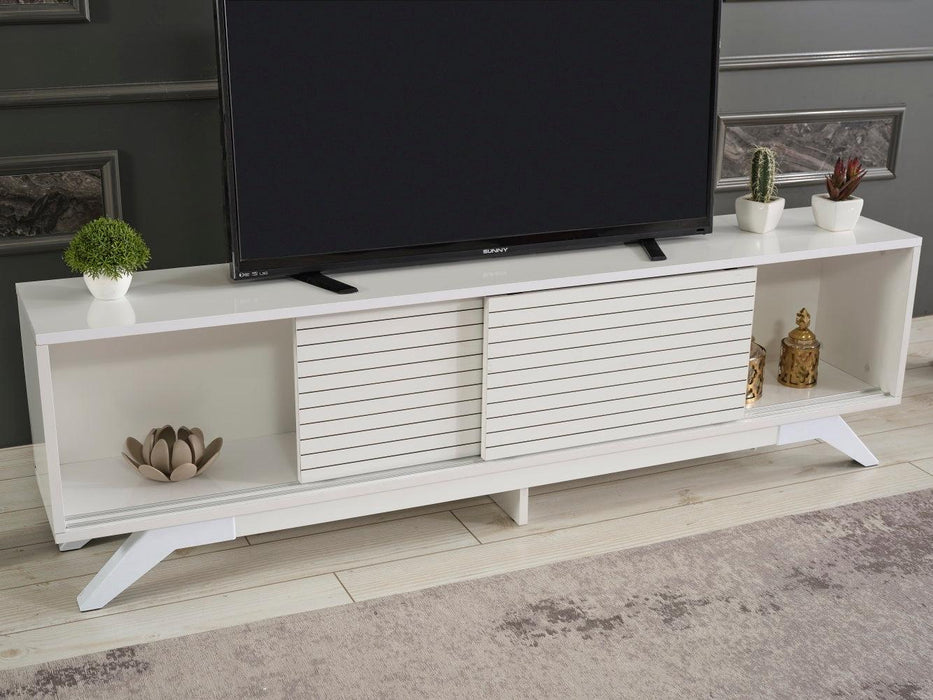 Luxia Mid CenturyModern Tv Stand 2 Sliding Door Cabinet 2 Shelves 67 inch Tv Uni, White