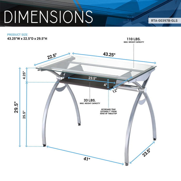 Techni Mobili Contempo Clear Glass Top Computer Desk with Pull Out Keyboard Panel, Clear