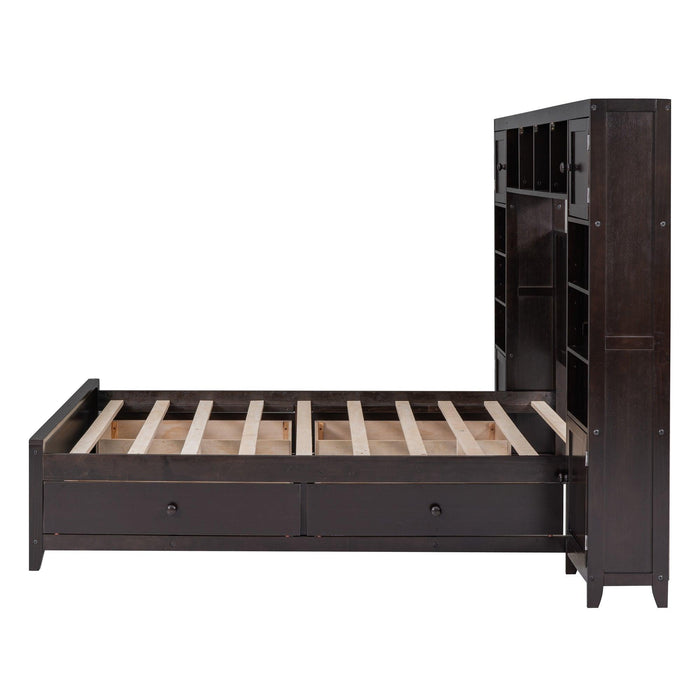 Full Size Wooden Bed With All-in-One Cabinet and Shelf, Espresso