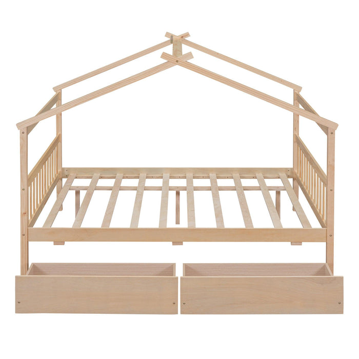 Full Size Wooden House Bed with Drawers, Natural