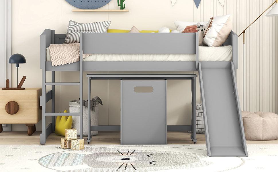 Low Study Twin Loft Bed with Rolling Portable Desk and Chair,Multiple Functions Bed- Gray