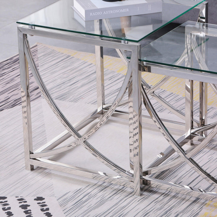 3 Pieces Silver Square Nesting Glass End Tables- Small Coffee Table Set- Stainless Steel Small Coffee Tables with Clear Tempered Glass- 18"Modern Minimalist Side Table for Living Room (Curve)