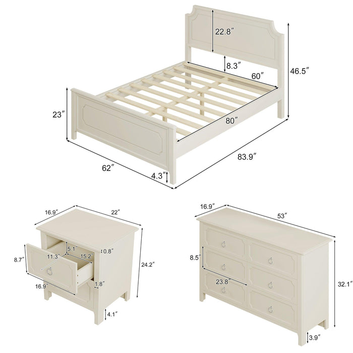 3 Pieces Bedroom Sets Milky White Solid Rubber Wood Queen Size Platform Bed with Nightstand and Dresser