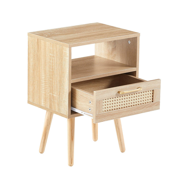 15.75" Rattan End table with  drawer and solid wood legs,Modern nightstand, side table for living roon, bedroom,natural