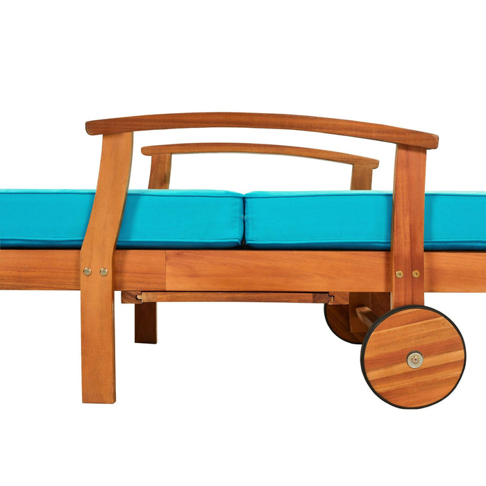 78.8" Outdoor Patio Solid Wood Chaise Lounge Reclining Daybed with Blue Cushion, Wheels and Sliding Cup Table