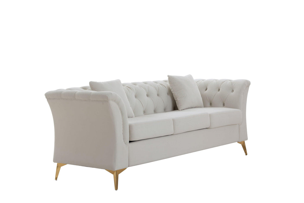 Modern Chesterfield Curved Sofa Tufted Velvet Couch 3 Seat Button Tufed Loveseat with Scroll Arms and ld Metal Legs for Living Room Bedroom Beige