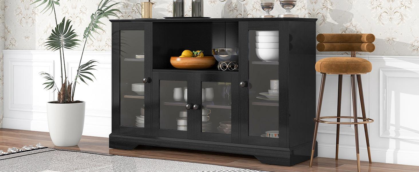 TV Stand for TV up to 60in with 4 Tempered Glass Doors Adjustable Panels Open Style Cabinet, Sideboard for Living room, Black