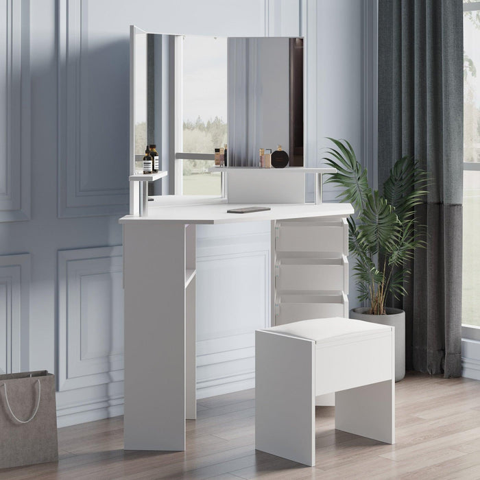 Corner dressing table make up desk with three-fold mirror and 5 rotary drawer Wooden Bedroom Vanity Table (White)