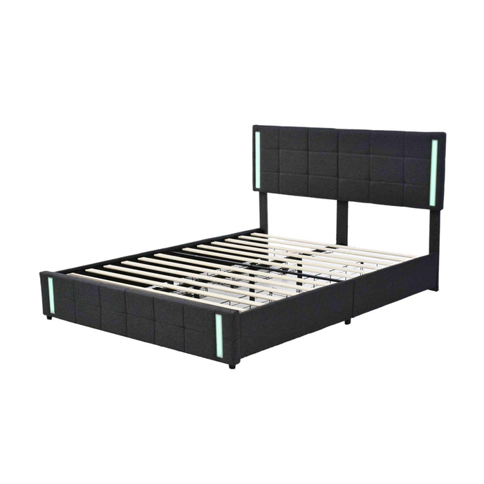 Queen Size Upholstered Platform Bed with LED Lights and USB Charging,Storage Bed with 4 Drawers, Dark Gray