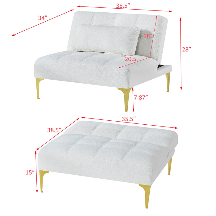 Convertible sofa bed futon with gold metal legs teddy fabric (White)