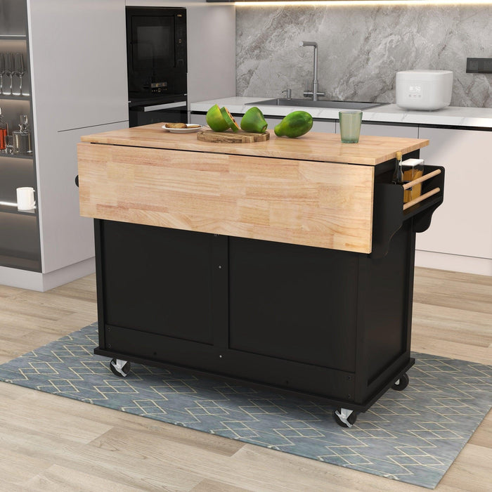 Kitchen Cart with Rubber wood Drop-Leaf Countertop, Concealed sliding barn door adjustable height,Kitchen Island on 4 Wheels withStorage Cabinet and 2 Drawers,L52.2xW30.5xH36.6 inch, Black