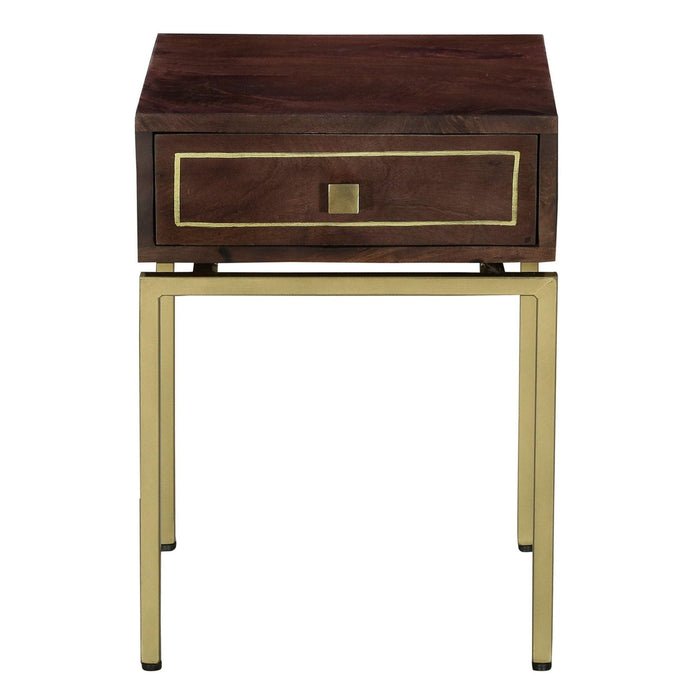 Ellis 16 Inch Side Table with 1 Drawer and Brass Metal Legs, Brown, Matte Gold