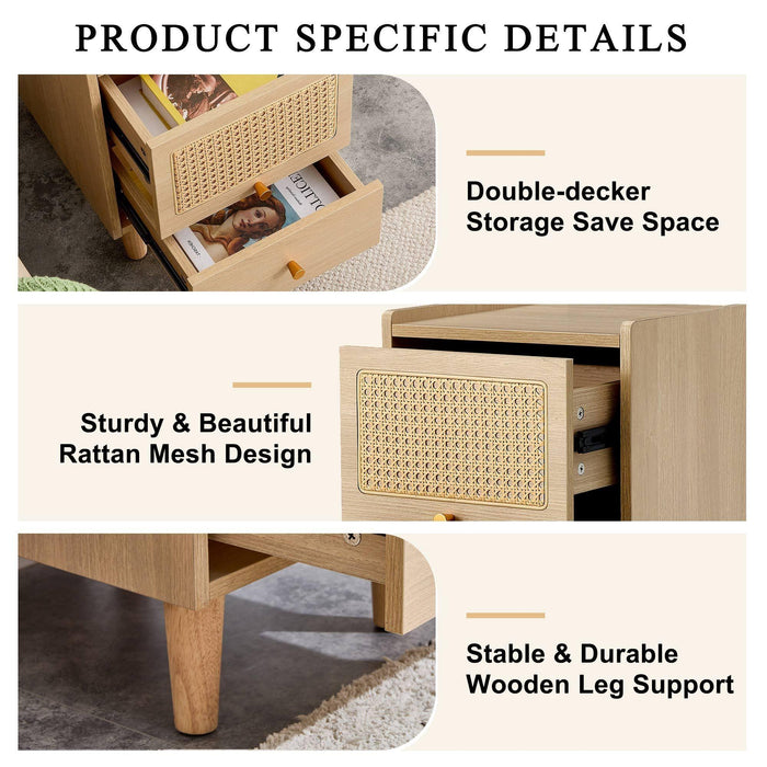 Modern simpleStorage cabinet MDF Board bedside cabinet Japanese rattan bedside cabinet Small household furniture bedside table.Applicable to dressing table in bedroom, porch, living room.2 Drawers