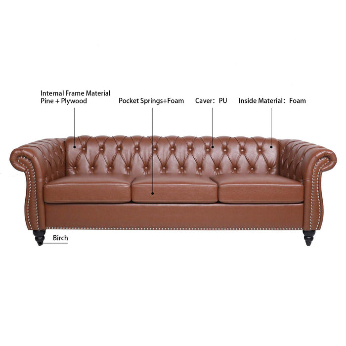 84.65"BROWN PU Rolled Arm Chesterfield Three Seater Sofa.