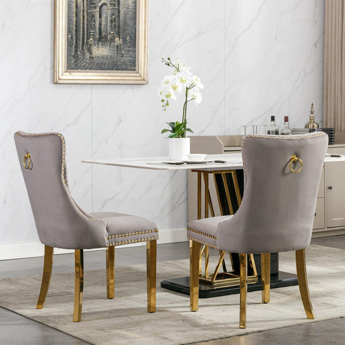 Nikki CollectionModern, High-end Tufted Solid Wood Contemporary Velvet Upholstered Dining Chair with Golden Stainless Steel Plating Legs,Nailhead Trim,Set of 2,Gray and Gold, SW1601GY