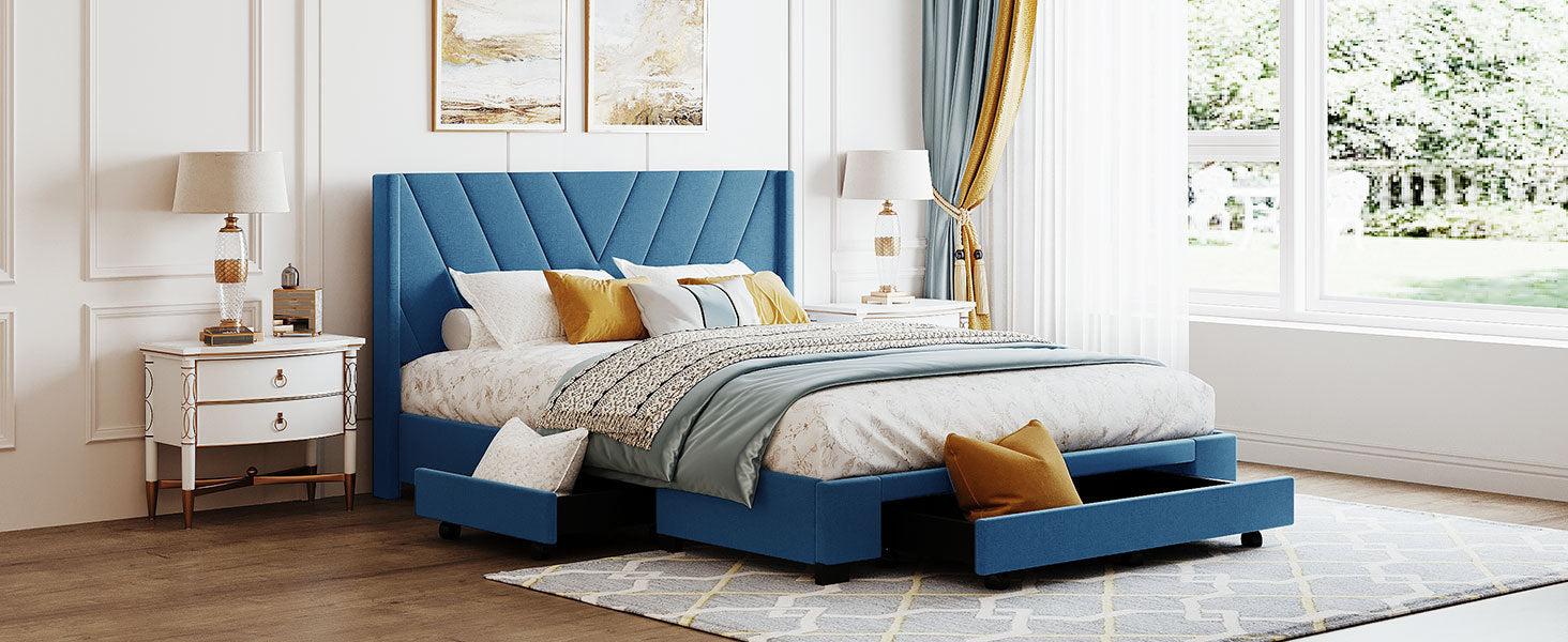 Queen SizeStorage Bed Linen Upholstered Platform Bed with 3 Drawers (Blue)