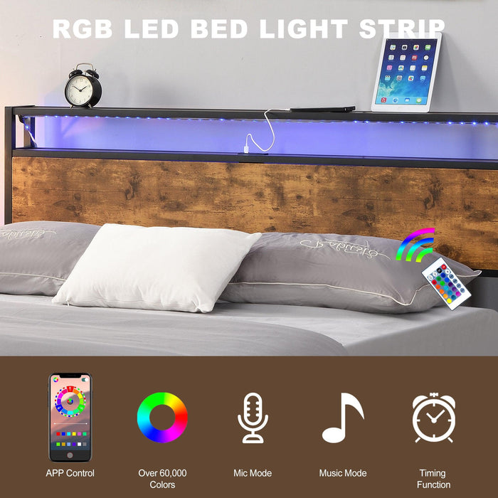 Industrial Full Bed Frame with LED Lights and 2 USB Ports, Bed Frame Full Size withStorage, Noise Free, No Box Spring Needed, Rustic Brown