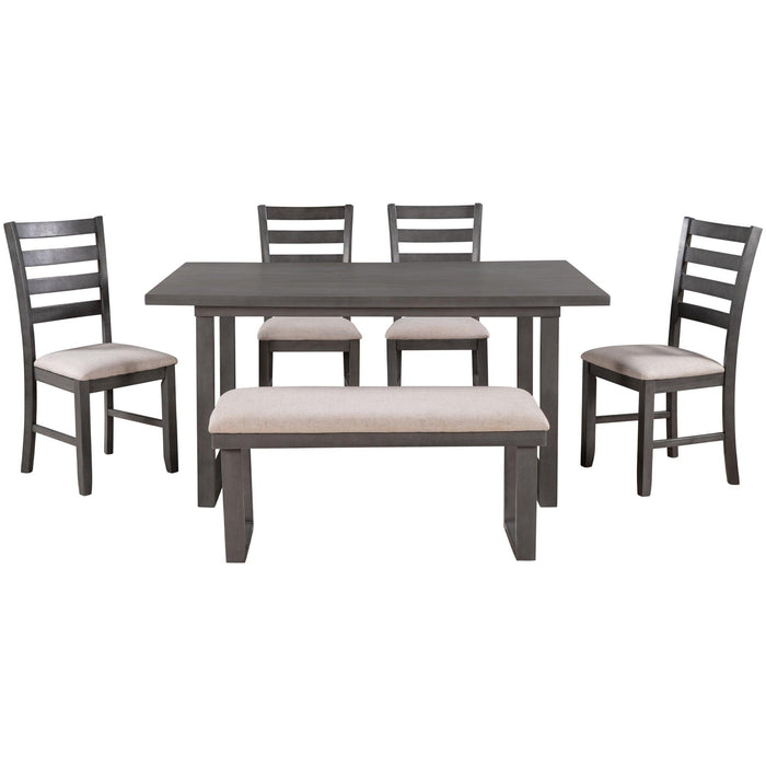 6-Pieces Family Furniture, Solid Wood Dining Room Set with Rectangular Table & 4 Chairs with Bench(Gray)