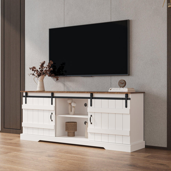 Farmhouse Sliding white Barn Door TV Stand for 80 inch TV Stands，OpenStorage Cabinet for Living Room Bedroom