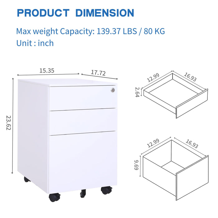 3 Drawer Mobile File Cabinet with Lock Steel File Cabinet for Legal/Letter/A4/F4 Size, Fully Assembled Include Wheels, Home/ Office Design