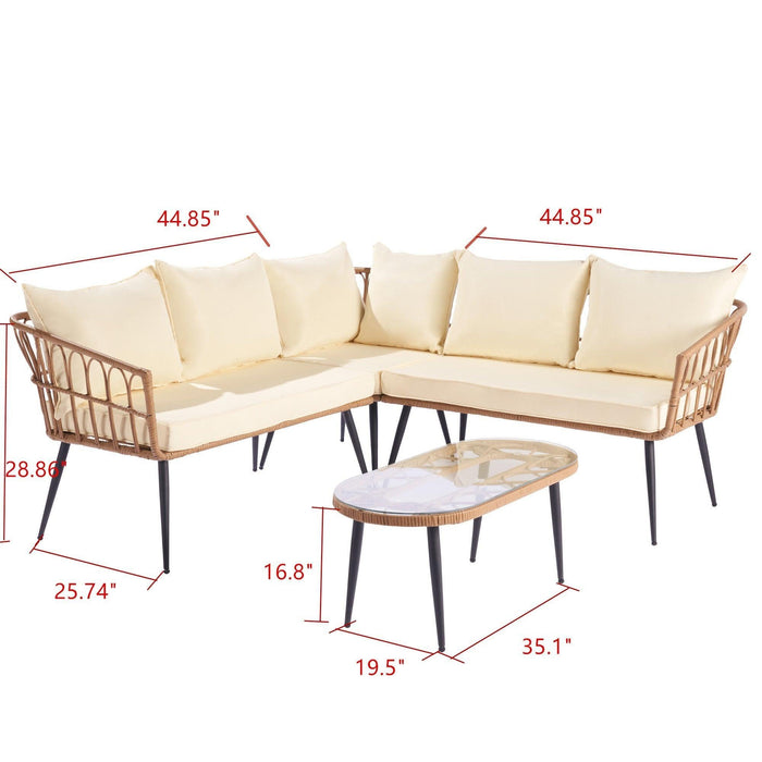 Outdoor Garden Rattan Furniture Sofa Set natural rattan color with beige cushion