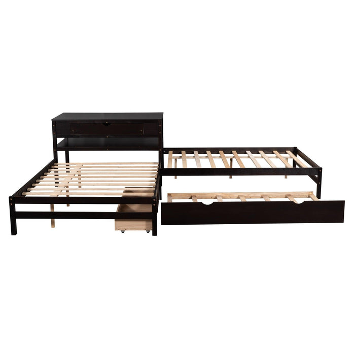 Full Size L-shaped Platform Beds with Twin Size Trundle and Drawers Linked with Built-in Rectangle Table,Espresso