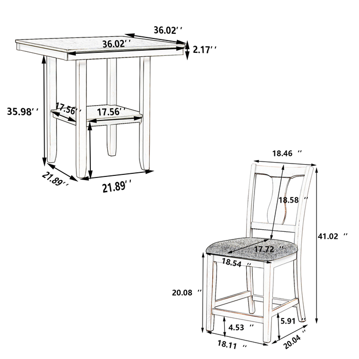 Farmhouse 5-Piece Wood Counter Height Dining Table Set withStorage Shelf, Square Table and 4 Upholstered Chairs for Small Space, Antique White