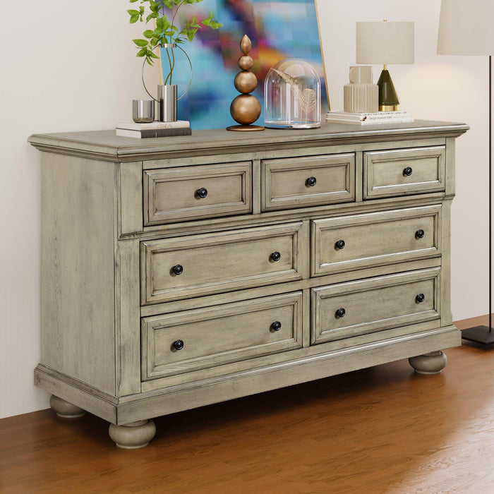 Solid Wood Seven-Drawer Dresser with Changing Topper for Nursery, Kid’s Room, Bedroom, Stone Gray