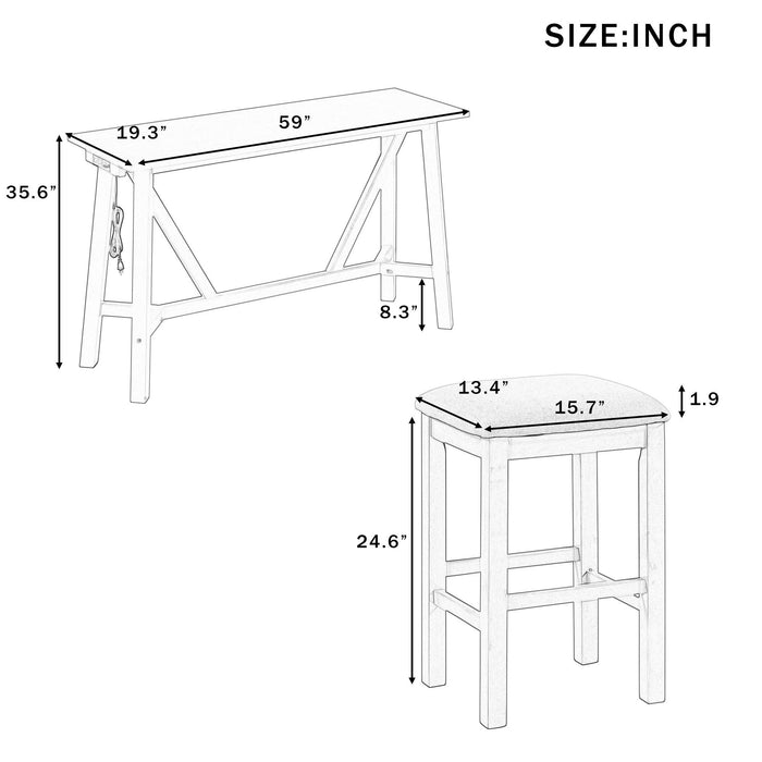 Multipurpose Home Kitchen Dining Bar Table Set with 3 Upholstered Stools(Gray)