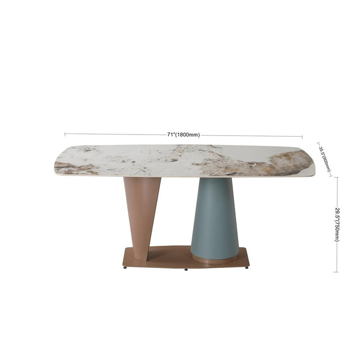 71"  Pandora color sintered stone dining table with cone shape  Pedestal Base in champagne and blue color