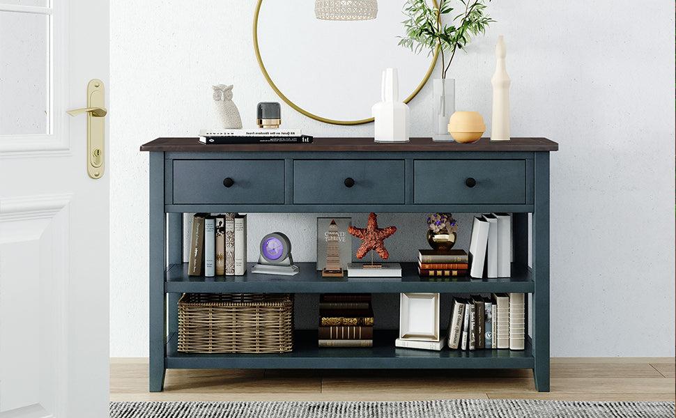 Retro Design Console Table with Two Open Shelves, Pine Solid Wood Frame and Legs for Living Room (Navy)