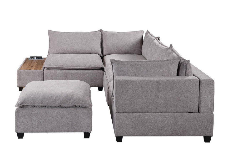 Madison Light Gray Fabric 6 Piece Modular Sectional Sofa with Ottoman and USBStorage Console Table