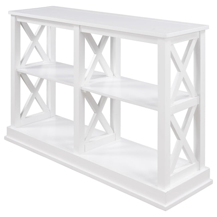 Console Table with 3-Tier OpenStorage Spaces and "X" Legs, Narrow Sofa Entry Table for Living Room (White)