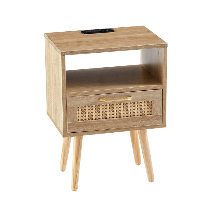 15.75" Rattan End table with Power Outlet  & USB Ports ,Modern nightstand with drawer and solid wood legs, side table for living roon, bedroom,natural