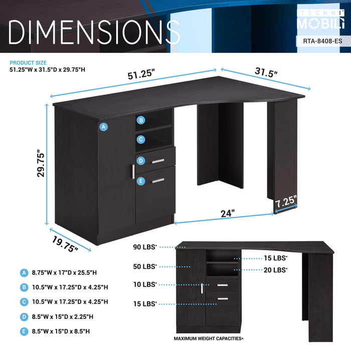 Techni Mobili Classic Office Desk withStorage, Espresso