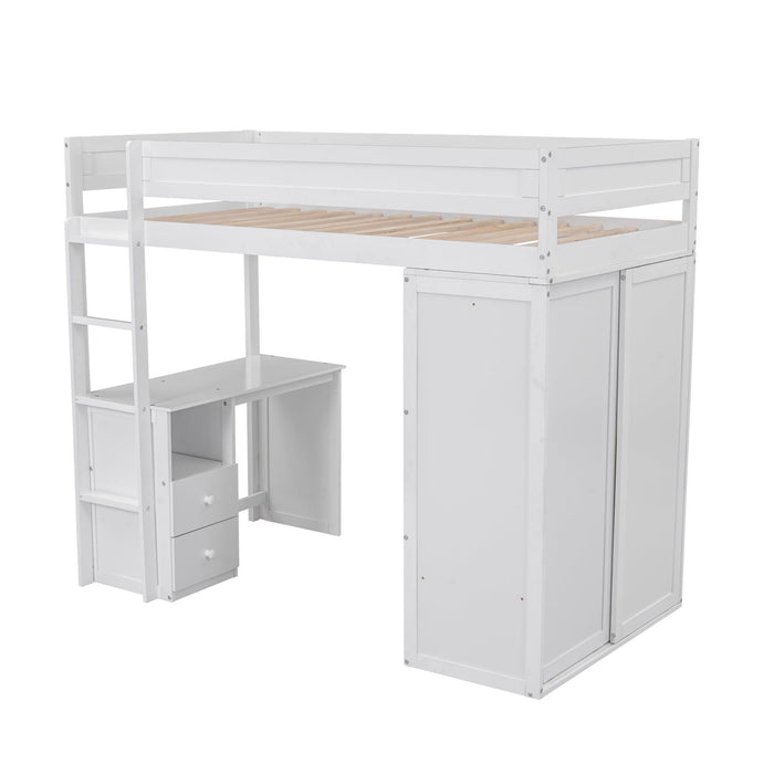 Wood Twin Size Loft Bed with Wardrobes and 2-Drawer Desk with Cabinet, White