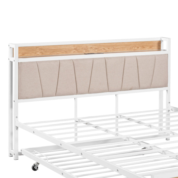 Queen Size Metal Platform Bed Frame with Twin size trundle, Upholstered headboard ，Sockets, USB Ports and Slat Support ,No Box Spring Needed，White